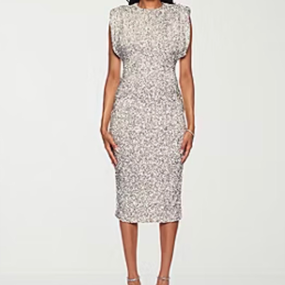 Premier Amour women Silver  Sequins, Stretch Fabric Dress